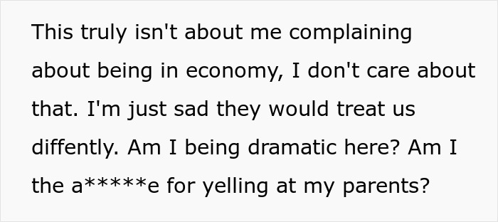 Alt text: Child expressing sadness about family vacation and being treated differently after sibling upgraded to business class. Alt text: Child expressing sadness about family vacation and being treated differently after sibling upgraded to business class.