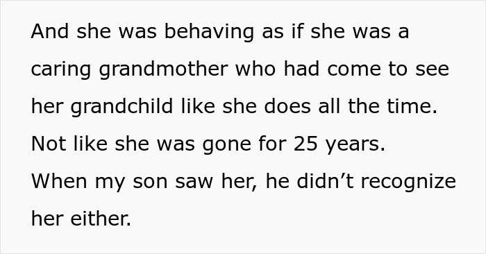 Text about an absent grandmother trying to reconnect after 25 years, with a grandson who does not recognize her. Text about an absent grandmother trying to reconnect after 25 years, with a grandson who does not recognize her.