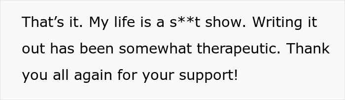 Text on a white background expressing a woman at crossroads after partner of 10 years wants to buy a house only for him.