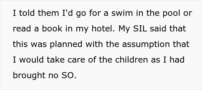 Text from a family getaway showing pediatrician refusing to play nanny, with SIL upset over wine orders instead of baby bottles.