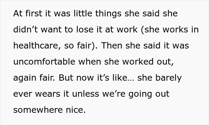 Text excerpt discussing a woman refusing to wear her engagement ring regularly, causing fiancé concern. Text excerpt discussing a woman refusing to wear her engagement ring regularly, causing fiancé concern.
