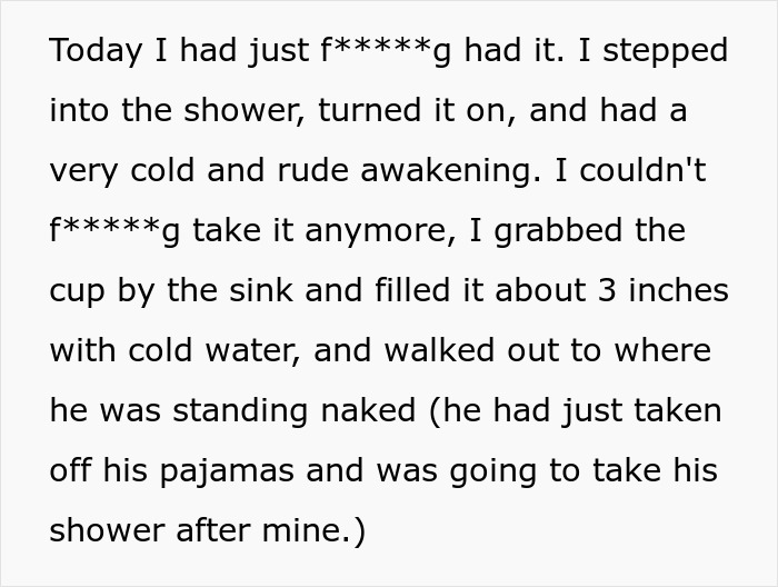 Wife threatens husband with cold shower due to his bad memory, causing a surprising and rude awakening in the bathroom.