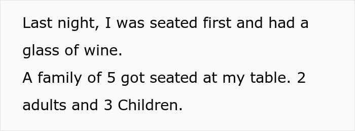 Text excerpt from a story about an entitled lady expecting a solo traveler to stop drinking alcohol around her kids.