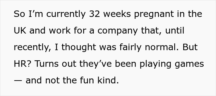 Text excerpt from a pregnant woman exposing her company&rsquo;s false claim about maternity leave eligibility in the UK.