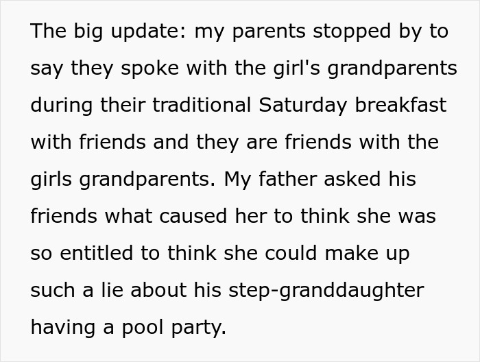 Parents discuss with friends about the friend's stepdaughter pool party and false claims surrounding the event.