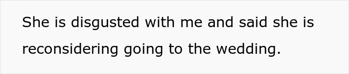 Text on a white background stating a person is disgusted and reconsidering going to the wedding amid vegan menu drama. Text on a white background stating a person is disgusted and reconsidering going to the wedding amid vegan menu drama.