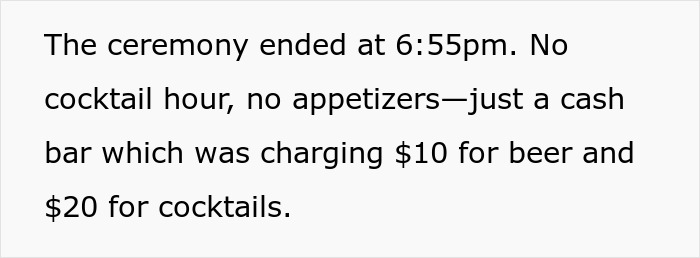 Text excerpt describing a chaotic wedding experience with no cocktail hour and expensive drinks at a cash bar.