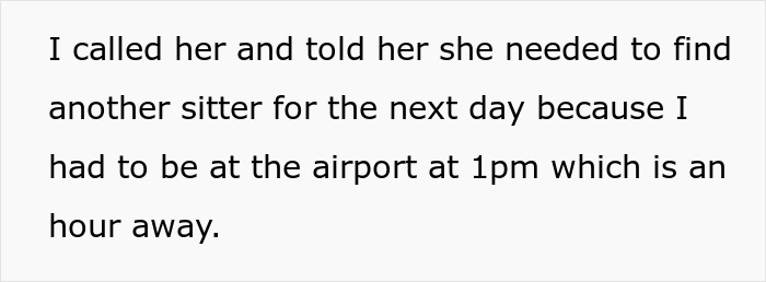 Text excerpt showing a conversation about needing to find another babysitter for vacation without kids babysitting plans. Text excerpt showing a conversation about needing to find another babysitter for vacation without kids babysitting plans.