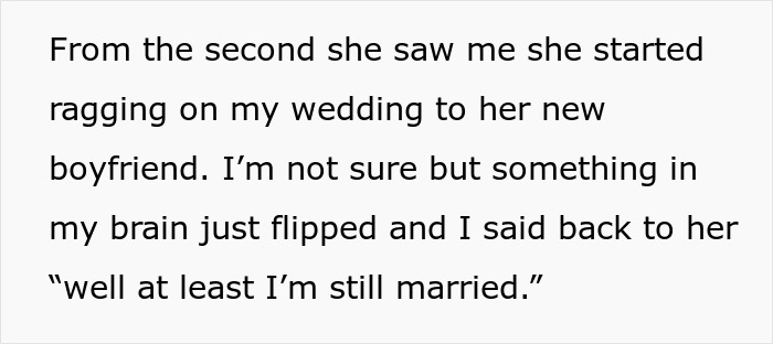Text excerpt showing woman clapping back at cousin insulting her wedding with at least I&rsquo;m still married response.