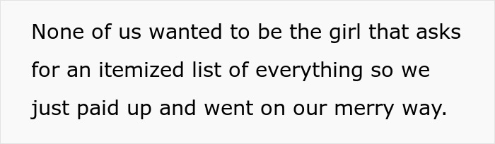 Text excerpt stating reluctance to request an itemized list, related to MOH overcharged for the bachelorette.