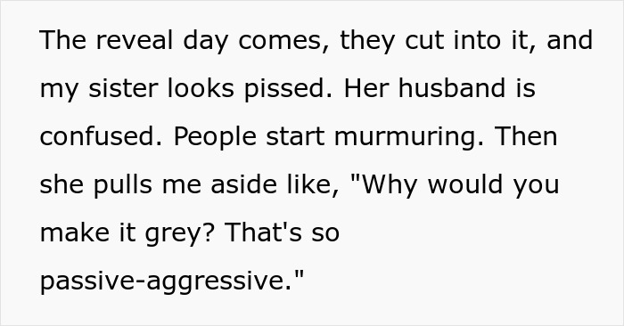 Text excerpt from gender reveal party story showing sister upset over gray cake considered passive-aggressive at reveal event.