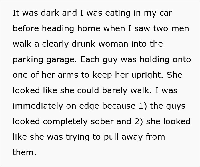 Man confronts two men trying to kidnap a drunk girl while his girlfriend watches, showing concern and anger in a parking garage. Man confronts two men trying to kidnap a drunk girl while his girlfriend watches, showing concern and anger in a parking garage.