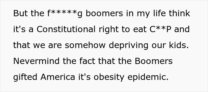 Text expressing frustration with boomer relatives undermining kids' healthy habits by allowing candies and soda, causing parental concern.