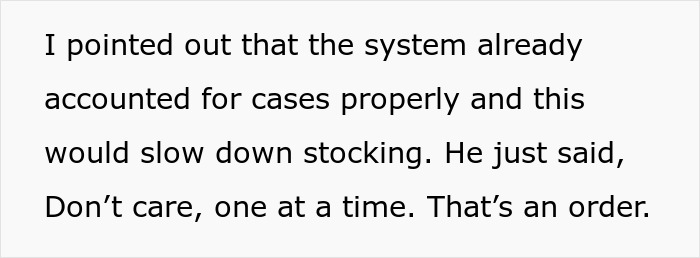Text excerpt describing a manager&rsquo;s unusual rule causing delays and disorder in the store&rsquo;s backroom.