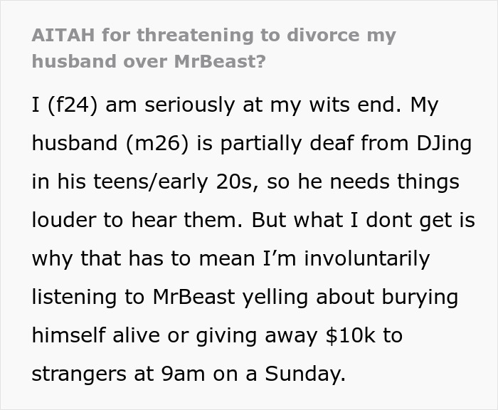 Woman threatens divorce over loud and obnoxious MrBeast videos causing household tension and frustration. Woman threatens divorce over loud and obnoxious MrBeast videos causing household tension and frustration.