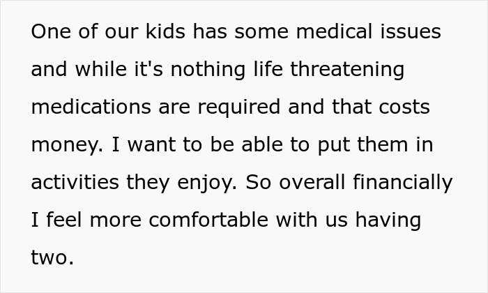 Parent explains financial and medical challenges leading to decision against having more kids in marriage discussion. Parent explains financial and medical challenges leading to decision against having more kids in marriage discussion.
