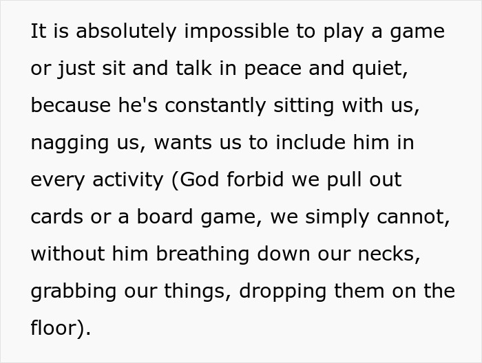 Text describing kids constantly nagging and creating chaos during family activities and trips, showing misbehaved behavior.