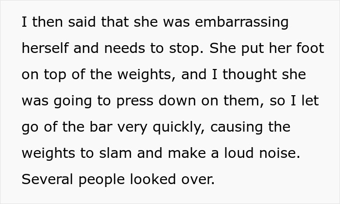 Man tries to avoid gym stalker who throws weights at him after he rejects her come-ons during workout session.