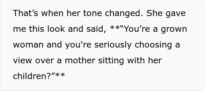 Text showing a woman refusing to give up her seat to a mom on a 10-hour flight, sparking a tantrum.