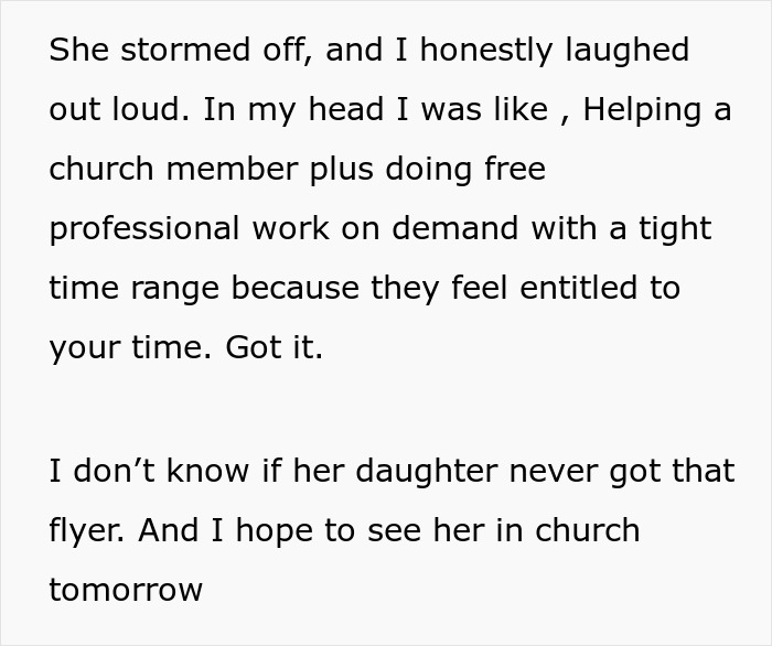 Text excerpt showing a freelancer&rsquo;s frustrated response to an entitled church member demanding free work.