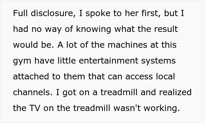 Text excerpt showing a man describing his experience with a gym stalker and dysfunctional treadmill TV at the gym.