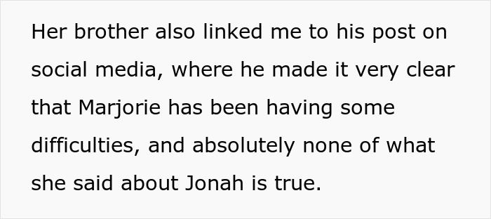 Text on a white background discussing social media posts about Marjorie's difficulties and false claims about Jonah.