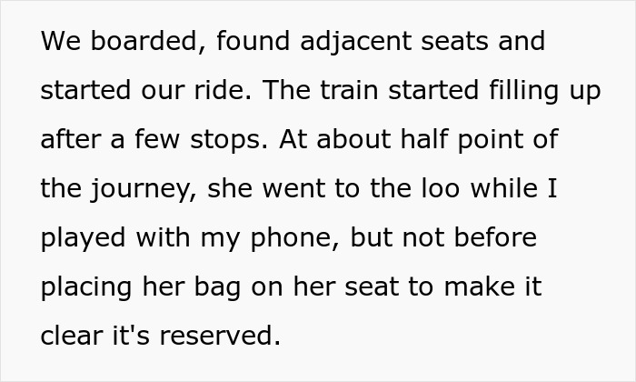Passengers on a train reserving seats with bags while discussing removing your stuff before reaching the final destination.