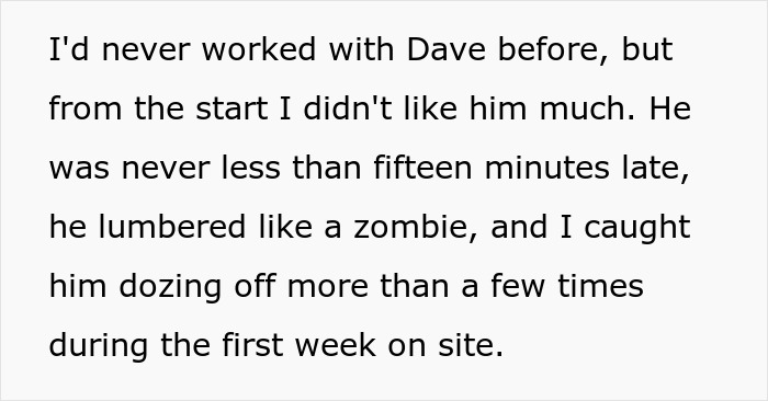 Text excerpt describing dissatisfaction with a coworker’s punctuality, energy, and focus during work hours. Text excerpt describing dissatisfaction with a coworker’s punctuality, energy, and focus during work hours.
