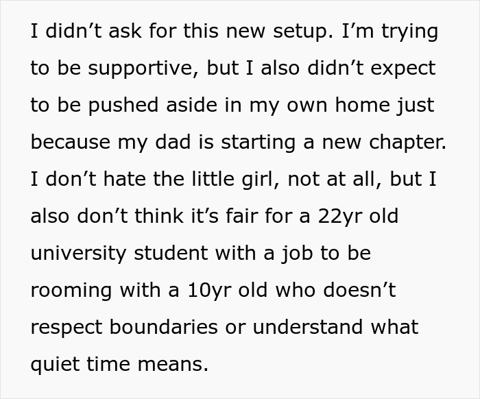 Text excerpt from a 22-year-old confronting dad about his girlfriend wanting her to live with a 10-year-old.