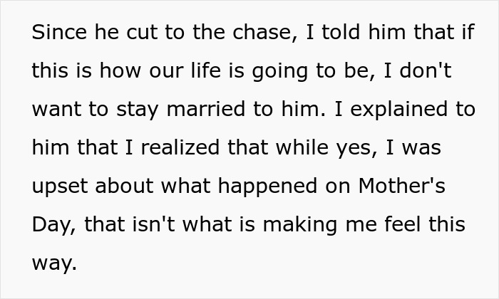 Text excerpt about a man skipping his wife's first Mother's Day, highlighting feelings of hurt and relationship tension.