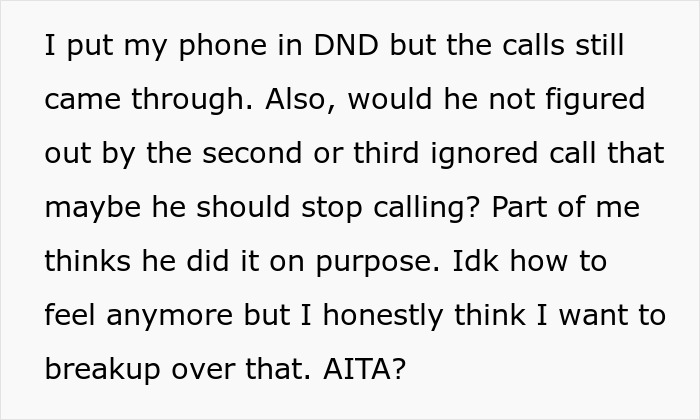 Text post showing someone frustrated about their boyfriend repeatedly calling despite Do Not Disturb, relating to a boyfriend-attorney-swearing moment.