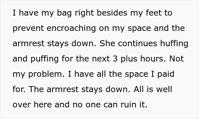 Text describing a passenger preventing armrest use to keep space as an obese woman tries to force it up on a flight.