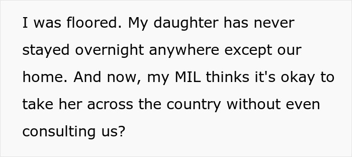 Text excerpt discussing a MIL daughter surprise vacation and concerns about traveling across the country without consent.
