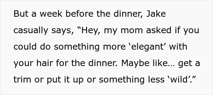 Text excerpt showing a boyfriend asking his partner to style her hair more elegantly for his mom&rsquo;s party, mentioning something less wild.