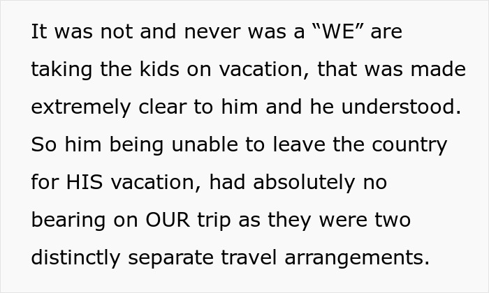 Text excerpt explaining travel arrangements emphasizing a woman not warning deadbeat ex about passport revocation at airport.