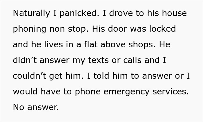 Text of a worried girlfriend describing locked door and no response before police break down doors to find mentally unstable boyfriend.