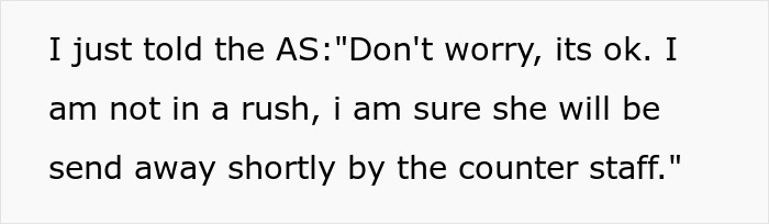 Text excerpt showing someone informing an entitled mother insisting on paying for an upgrade at a service counter.