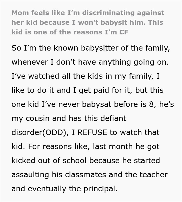 Text excerpt discussing babysitter refusing to watch one child, with mother accusing her of discrimination against child with defiant disorder.