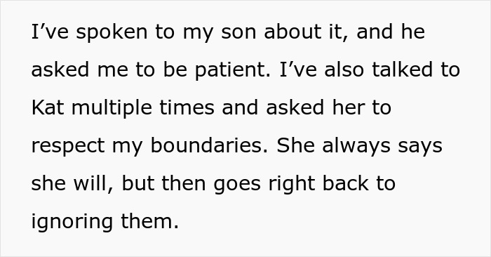 Text discussing a daughter-in-law seeking relationship with mother-in-law but being told to respect boundaries and get lost.