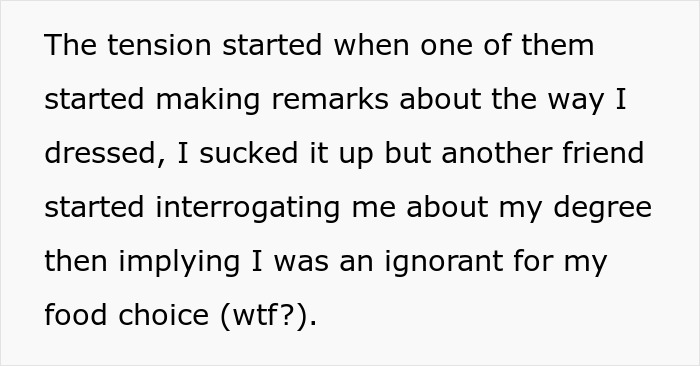 Text excerpt describing tension at a party where a woman faces criticism from her boyfriend and friends.