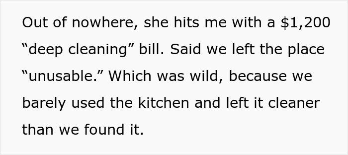 Text image showing a $1200 cleaning bill dispute between a venue host and a guest over a sparkling clean place condition.