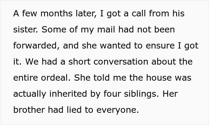 Text excerpt describing a call revealing mail forwarding issues and a landlord&rsquo;s deceit by his siblings.