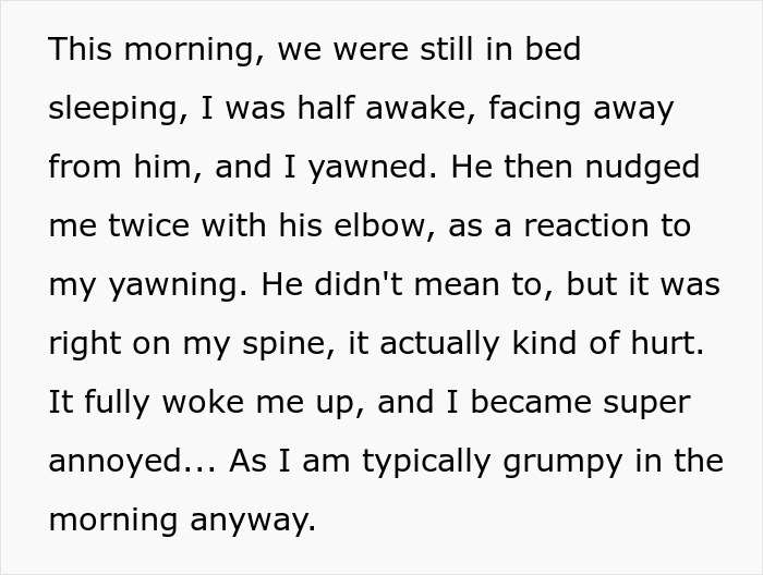Woman annoyed in bed after man elbows sleeping fianc&eacute;e for yawning, causing her to snap and leave the bedroom.