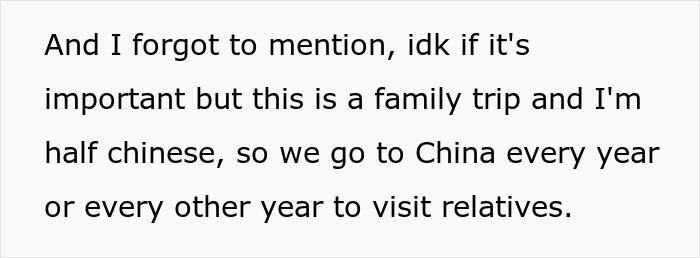 Text about a family vacation discussing a trip to China with relatives, highlighting a dad upgrading one kid to business class. Text about a family vacation discussing a trip to China with relatives, highlighting a dad upgrading one kid to business class.