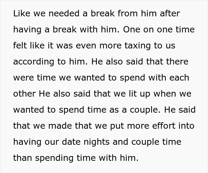 Text excerpt from parents discussing their son's reaction and feelings after years of neglect and strained family time.