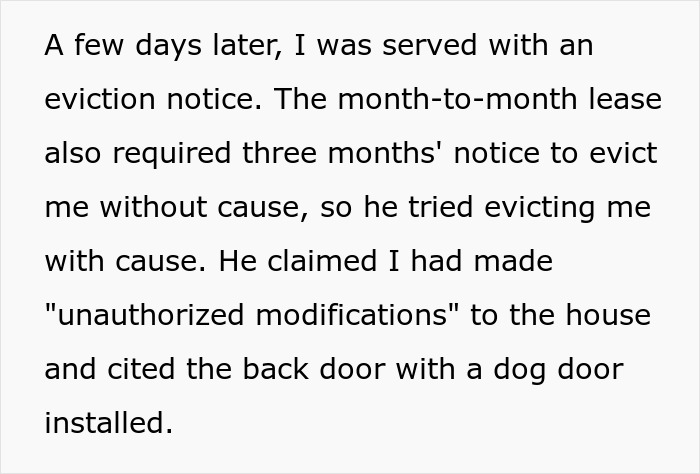 Text excerpt discussing eviction notice and landlord accusing tenant of unauthorized modifications including a dog door installation.