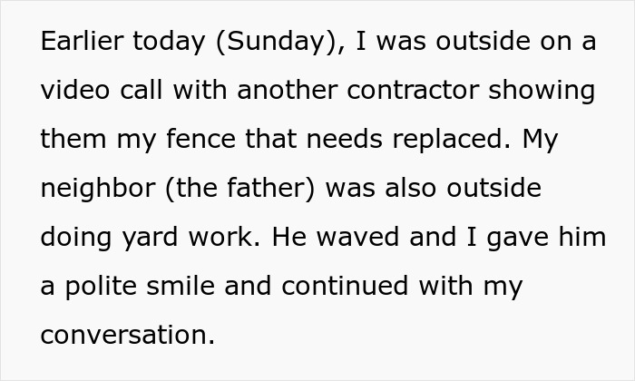 Text excerpt showing a neighbor outside doing yard work during a video call about fence replacement. Text excerpt showing a neighbor outside doing yard work during a video call about fence replacement.
