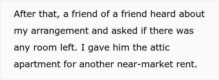 Text excerpt about a woman&rsquo;s living arrangement and renting out an attic apartment for near-market rent.