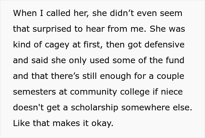 Text excerpt about woman discovering niece’s college fund was partially used for prom without permission. Text excerpt about woman discovering niece’s college fund was partially used for prom without permission.