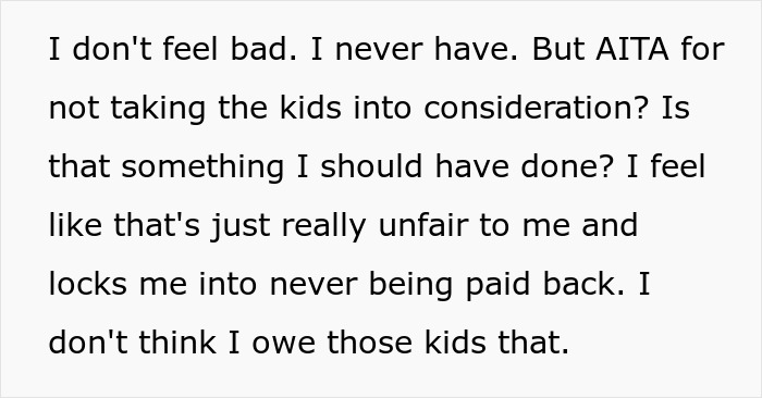 Text excerpt about a woman feeling zero guilt over taking her dad to court for a stolen $100K inheritance dispute.